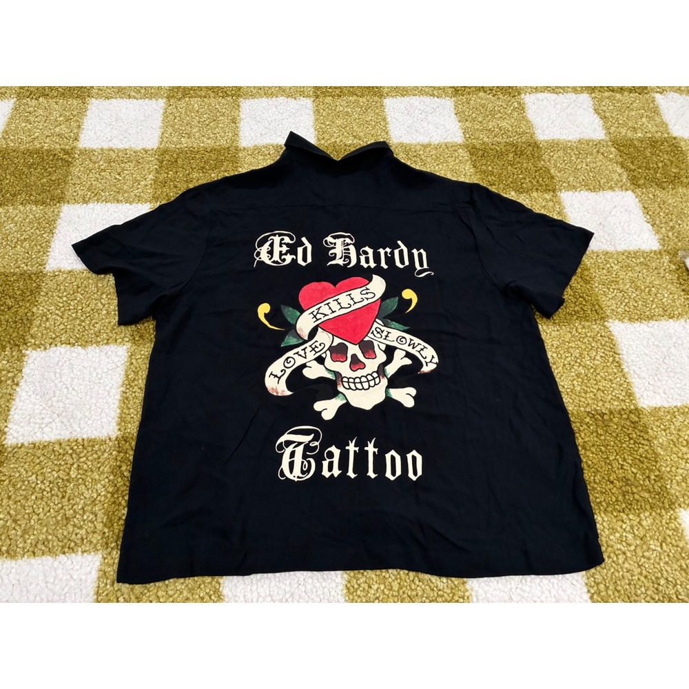 Ed Hardy Love Kills Slowly Black Viscose Button Up Shirt Panther Tattoo XL NEW - Picture 7 of 8